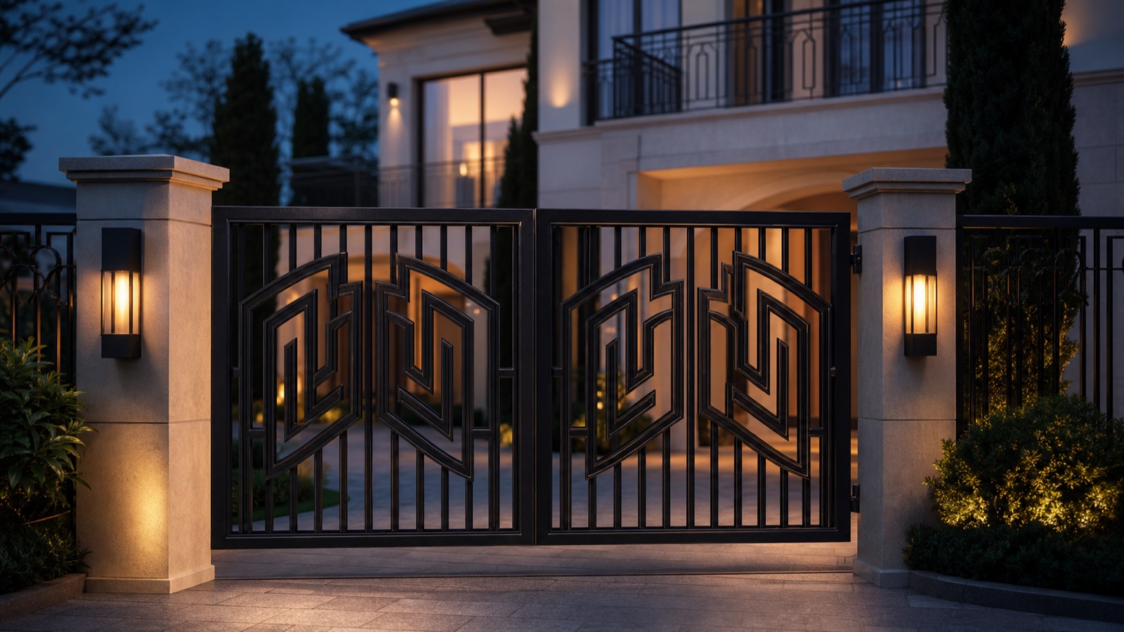 Villa girişinde ferforje bahçe kapısı